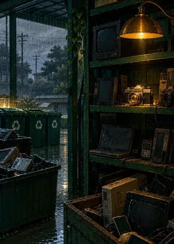 《雨季回收站》同人漫画封面，最新更新 · 悬疑、旧物、城市