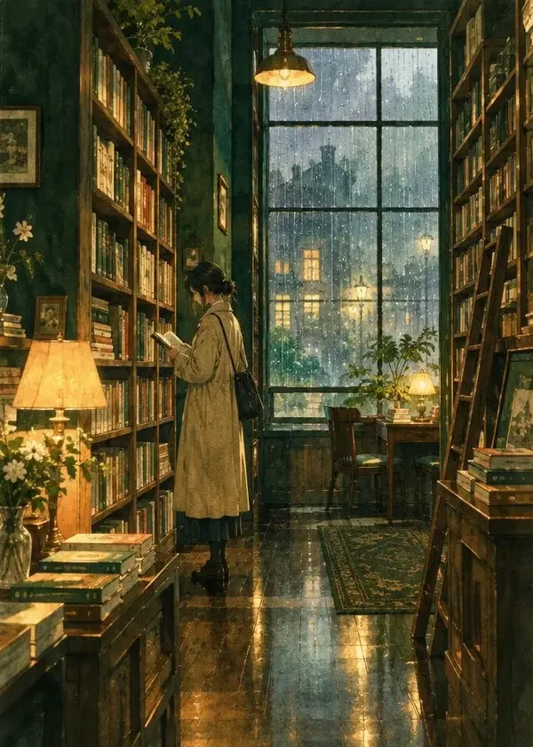 《雨日书店的常客》同人漫画封面，日系同人 · 日常、书与雨、慢热